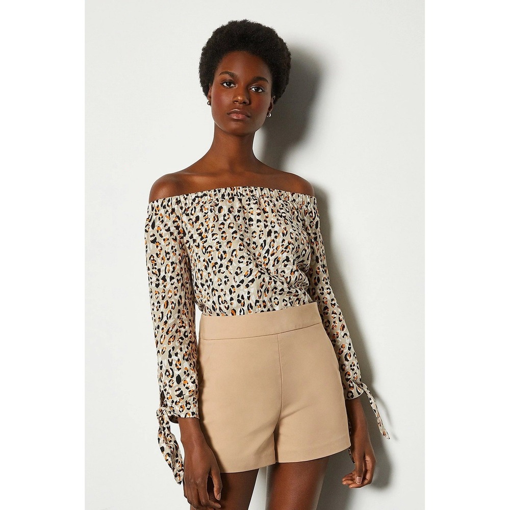 Karen Millen Off the‎ Shoulder Bardot Top Linen Blend Tie Sleeve Size 8